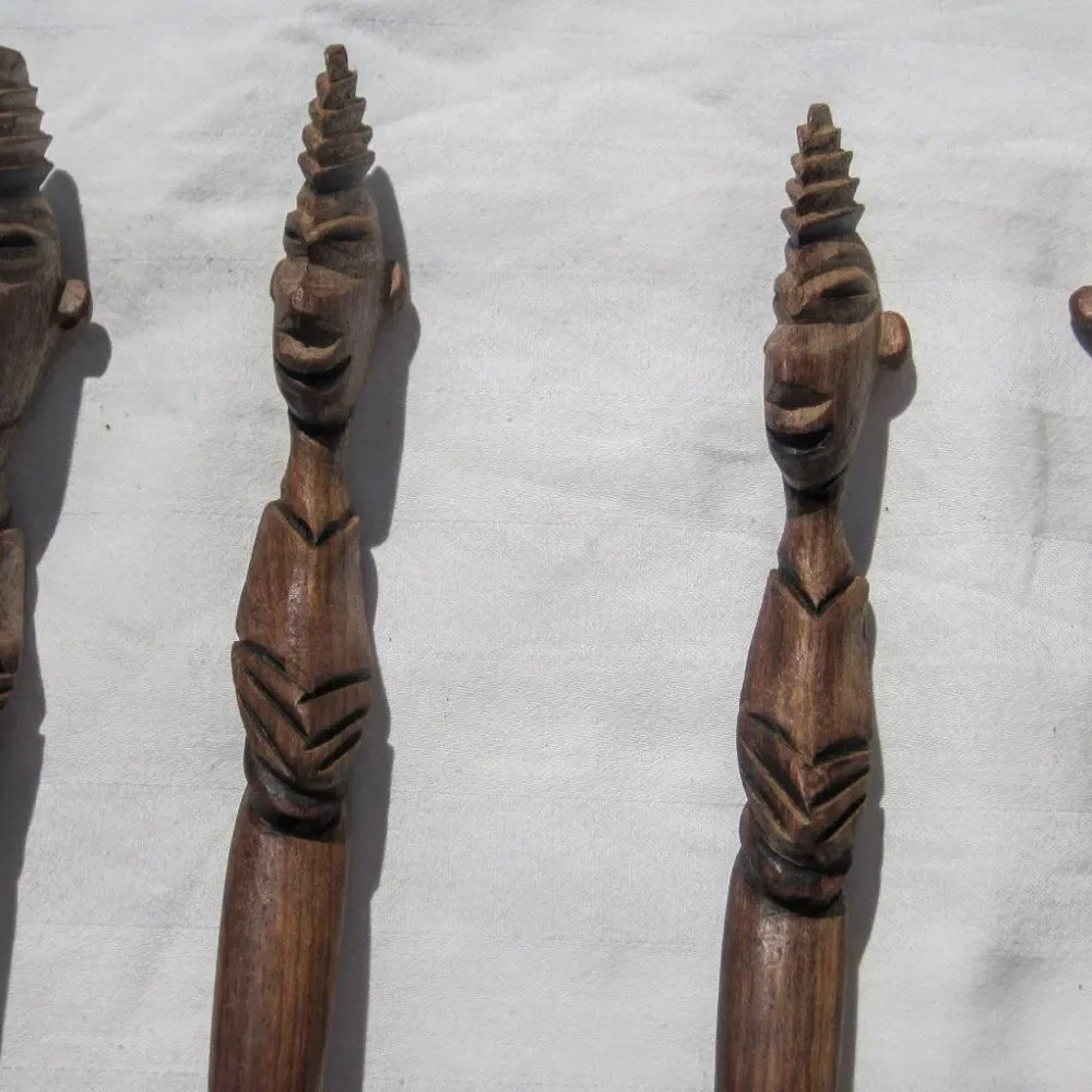 Bundle of six (6) dark, rich wood teak wooden hand-carved utensils